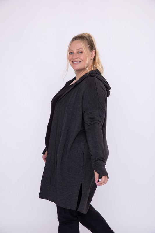 Longline Hooded Cardigan with Pockets | Plus Size