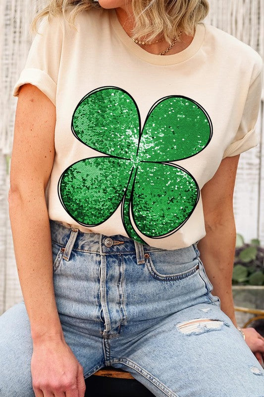 Shamrock St Patricks Day Faux Sequin Graphic Tee