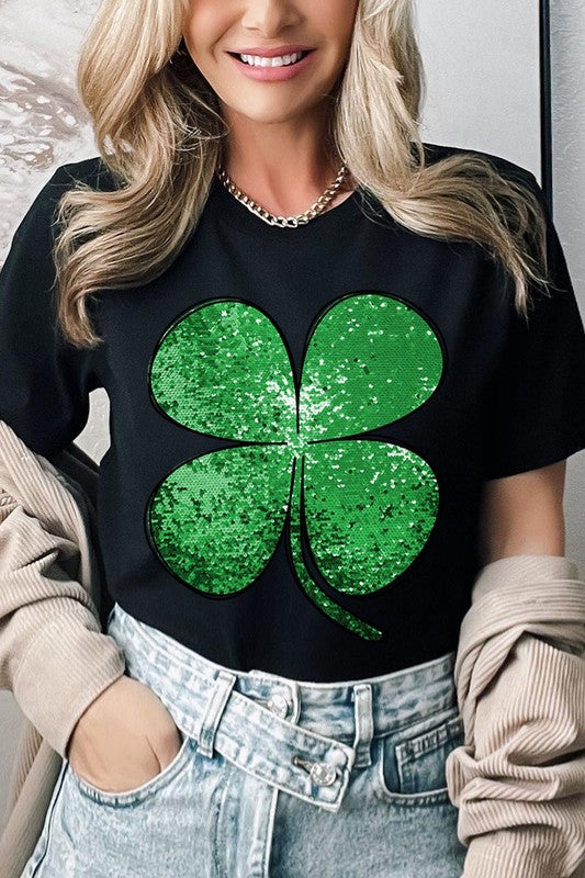 Shamrock St Patricks Day Faux Sequin Graphic Tee