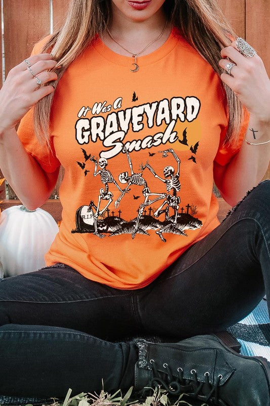 Graveyard Smash Skeleton Halloween Graphic Tee