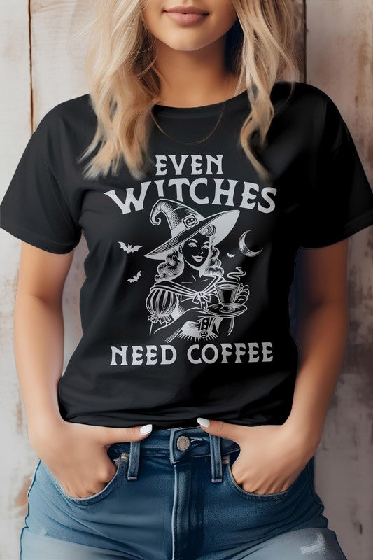 Even Witches Need Coffee Halloween Graphic Tee