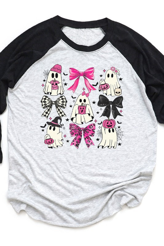 Halloween Pink Black Ghosts Graphic Raglan Tee