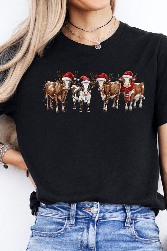 Cow Farm Animal Christmas Light Graphic Tee