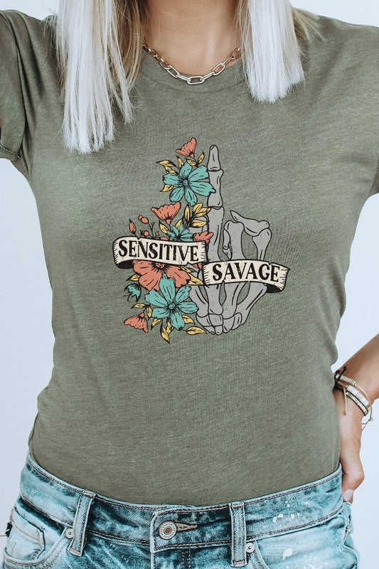 Sensitive Savage Floral Skeleton Hand Graphic Tee