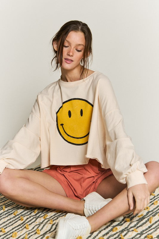 Smiley Face Long Sleeve Crop Top | Available in 4 Colors