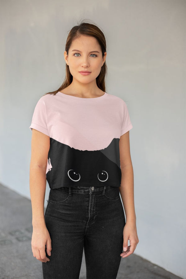 Black Cat on Pink Background Print Crop Tee