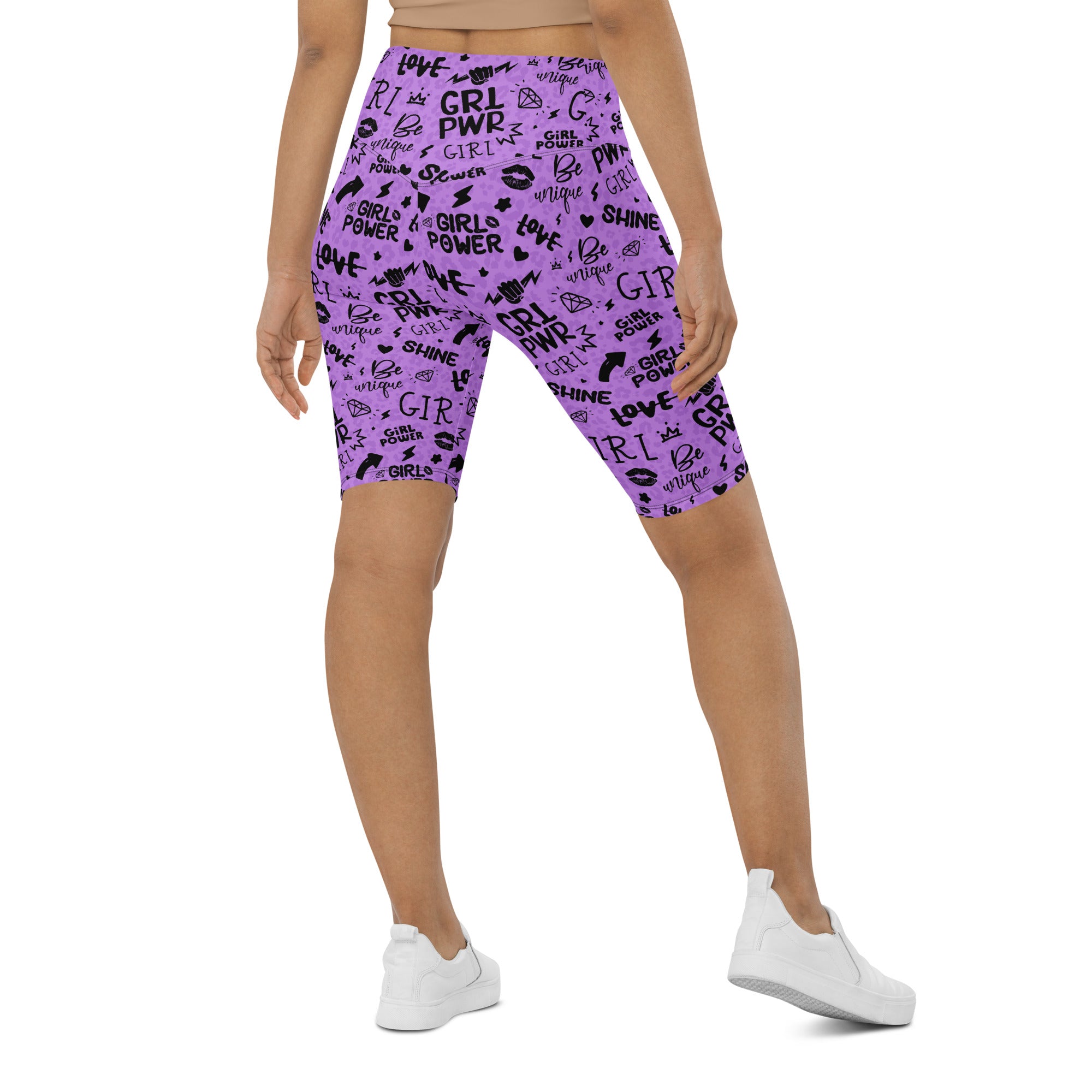 SHE REBEL - Purple Girl Power Biker Shorts with Shadow Leopard Print