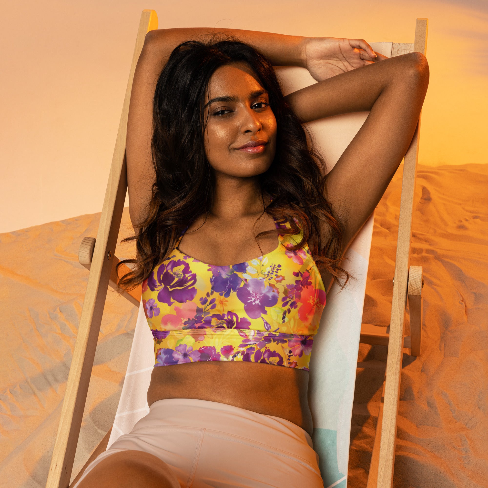 SHE REBEL - Yellow Chinoiserie Print Longline Sports Bra