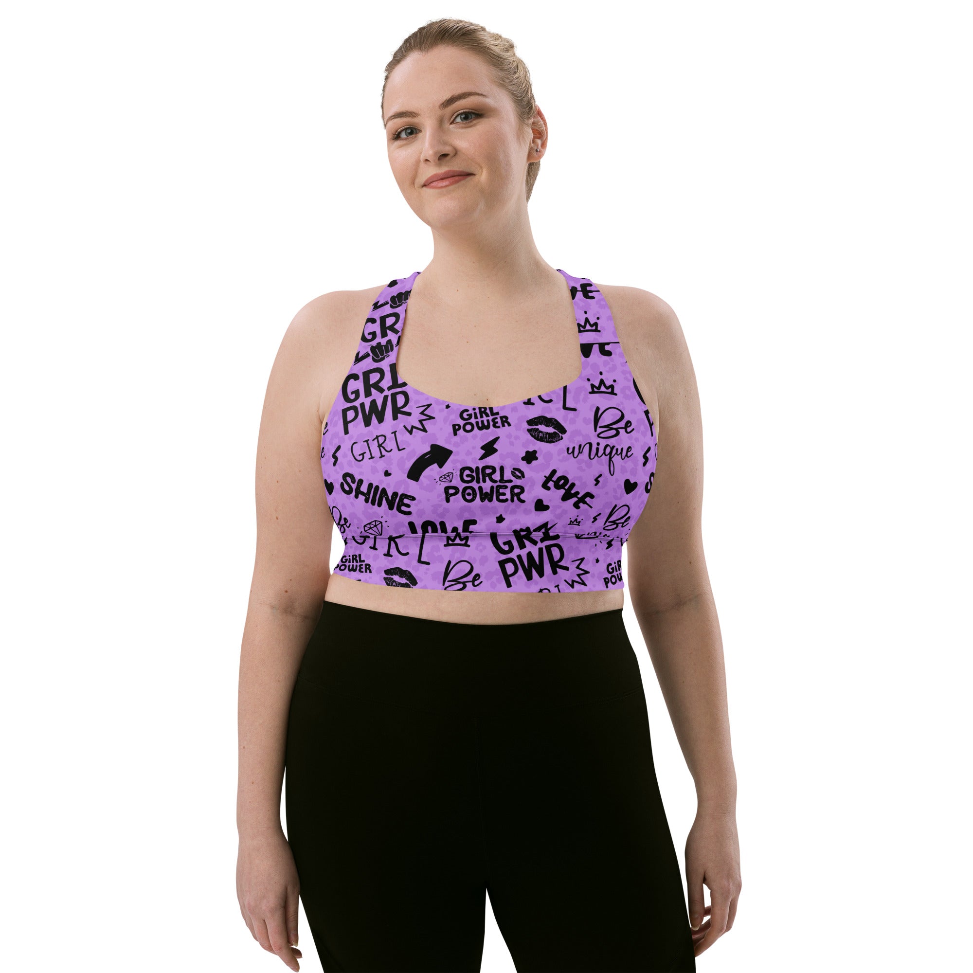 Empower Longline Sports Bra in Purple with Shadow Leopard Print