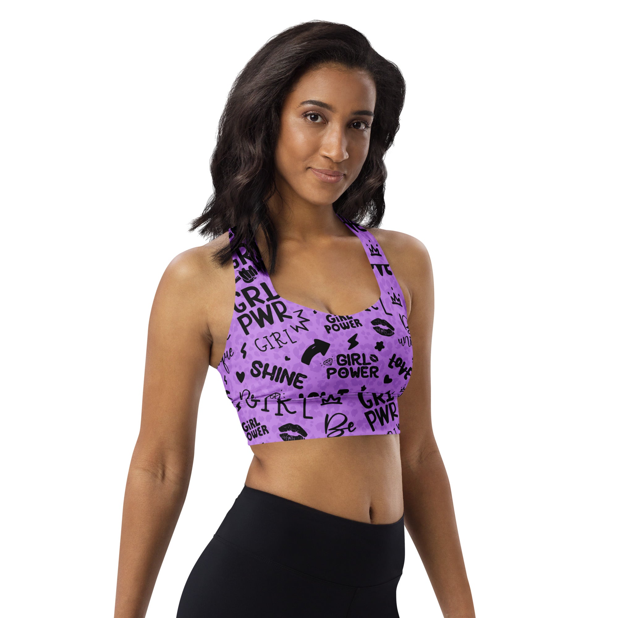 Empower Longline Sports Bra in Purple with Shadow Leopard Print