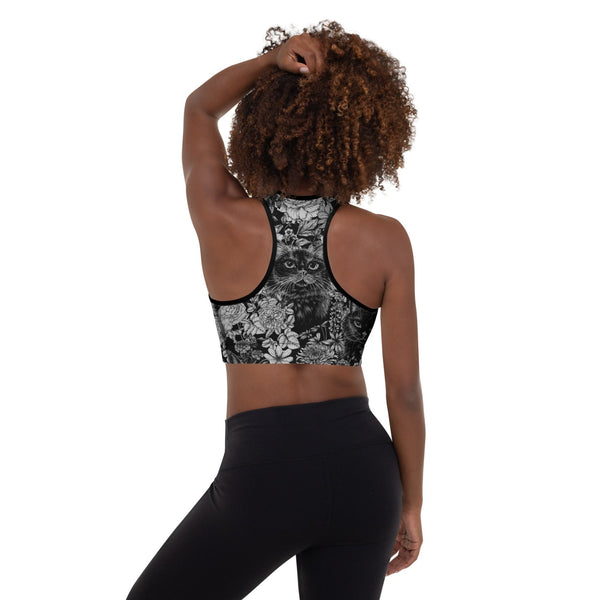 Black Cat Flowers Sports Bra