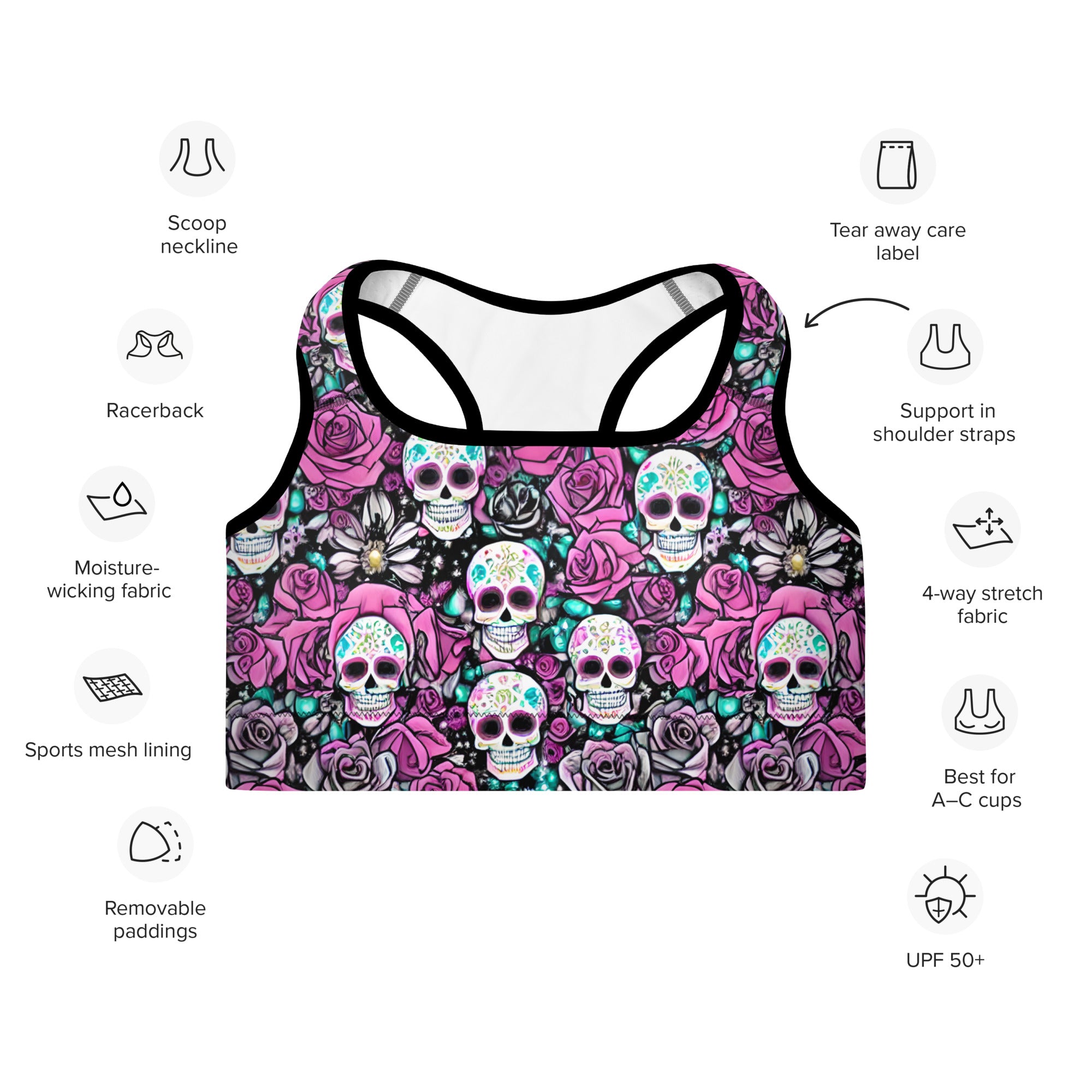 Sugar Skulls & Pink Roses Sports Bra