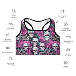 Sugar Skulls & Pink Roses Sports Bra