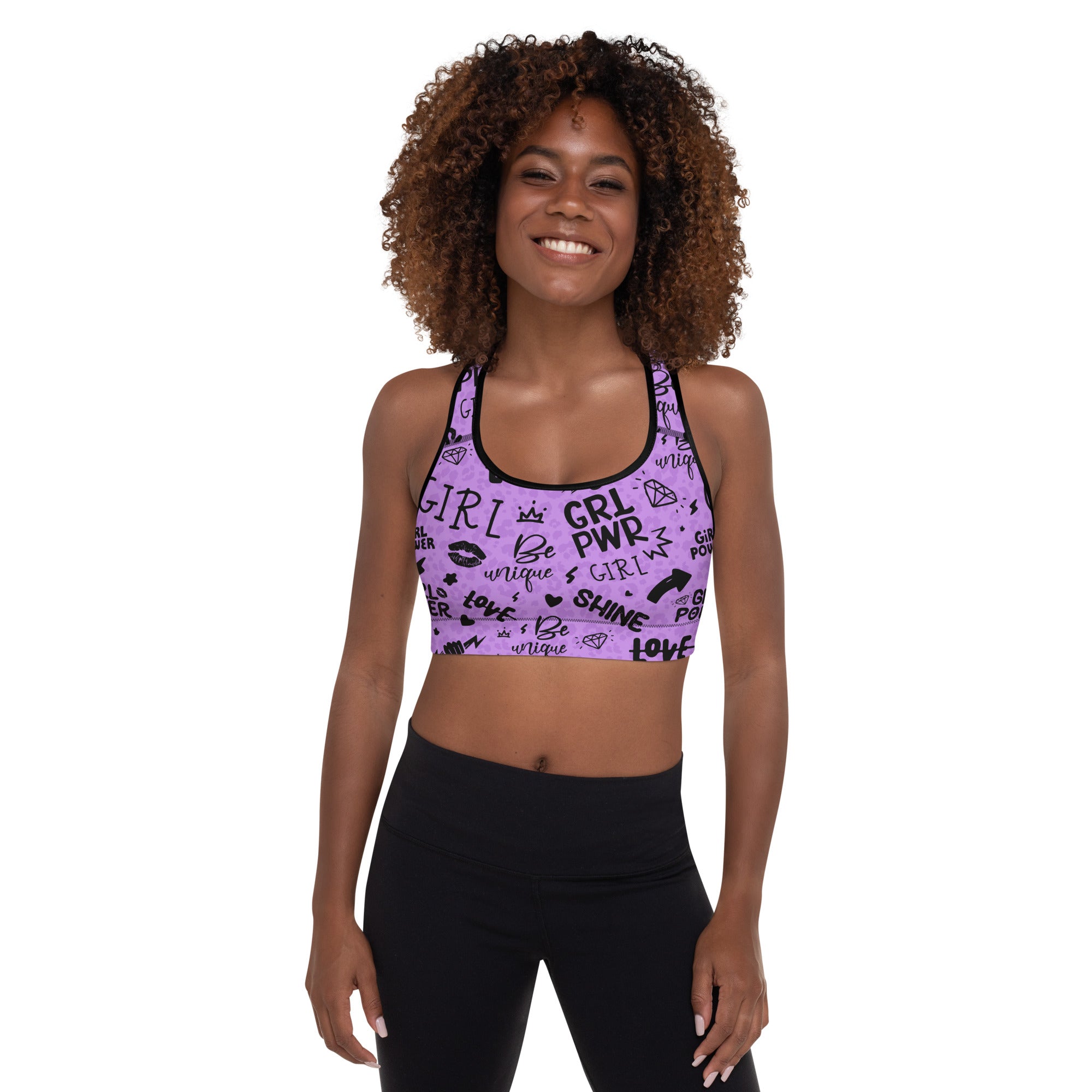 Purple Girl Power Sports Bra with Subtle Leopard Print