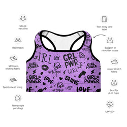 Purple Girl Power Sports Bra with Subtle Leopard Print