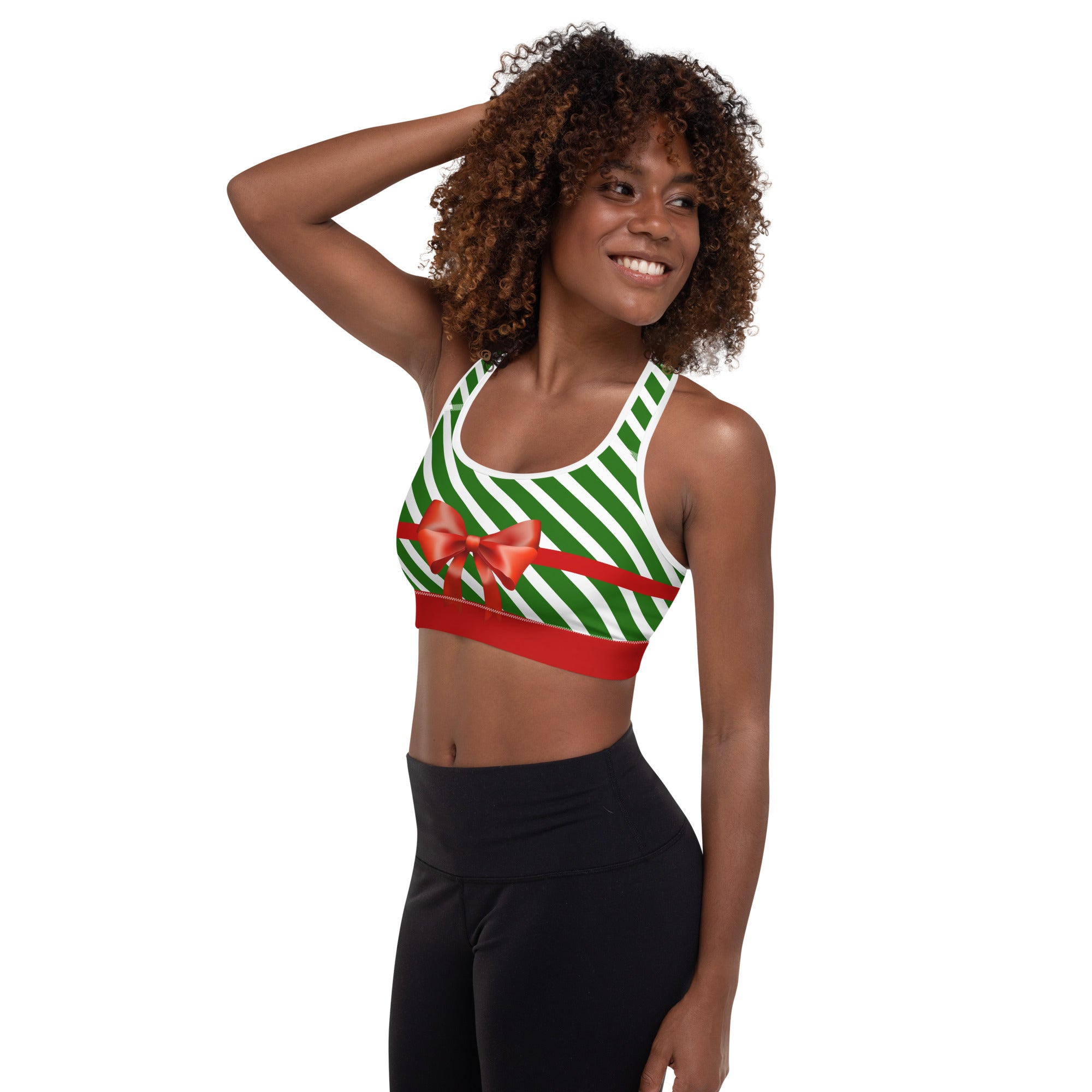 Candy Stripe Christmas Bow Sports Bra