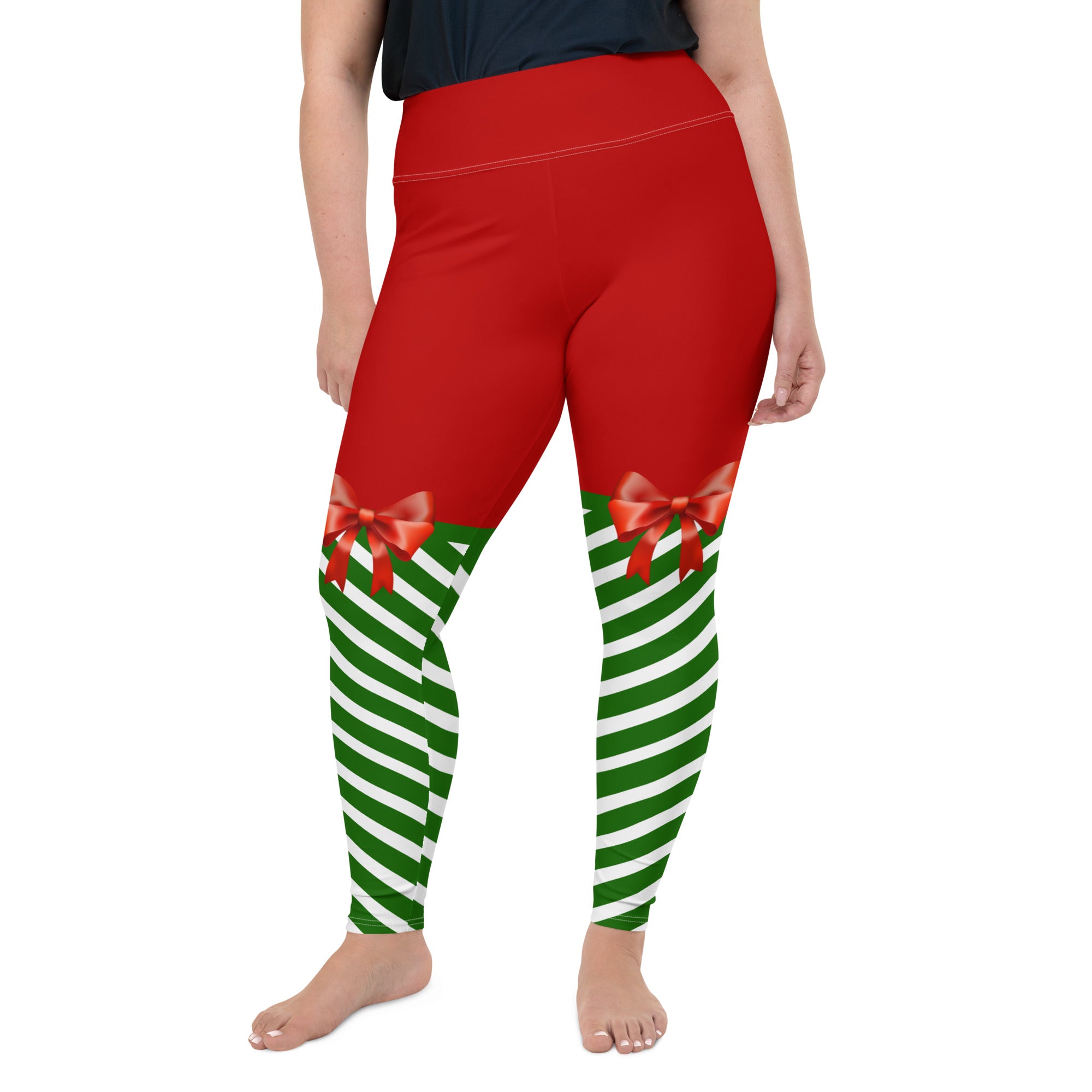 Candy Stripe XMas Bow Leggings | Plus Size