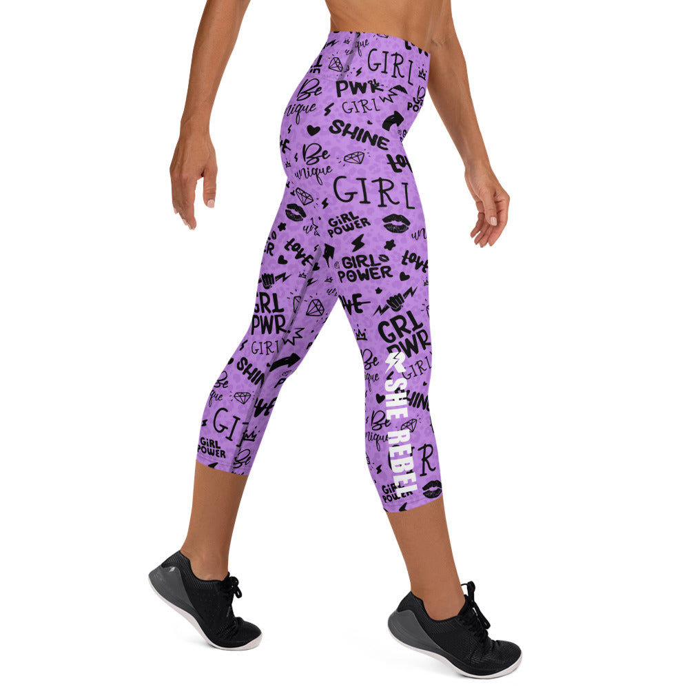 Girl Power Yoga Capris in Purple with Leopard Shadow Print