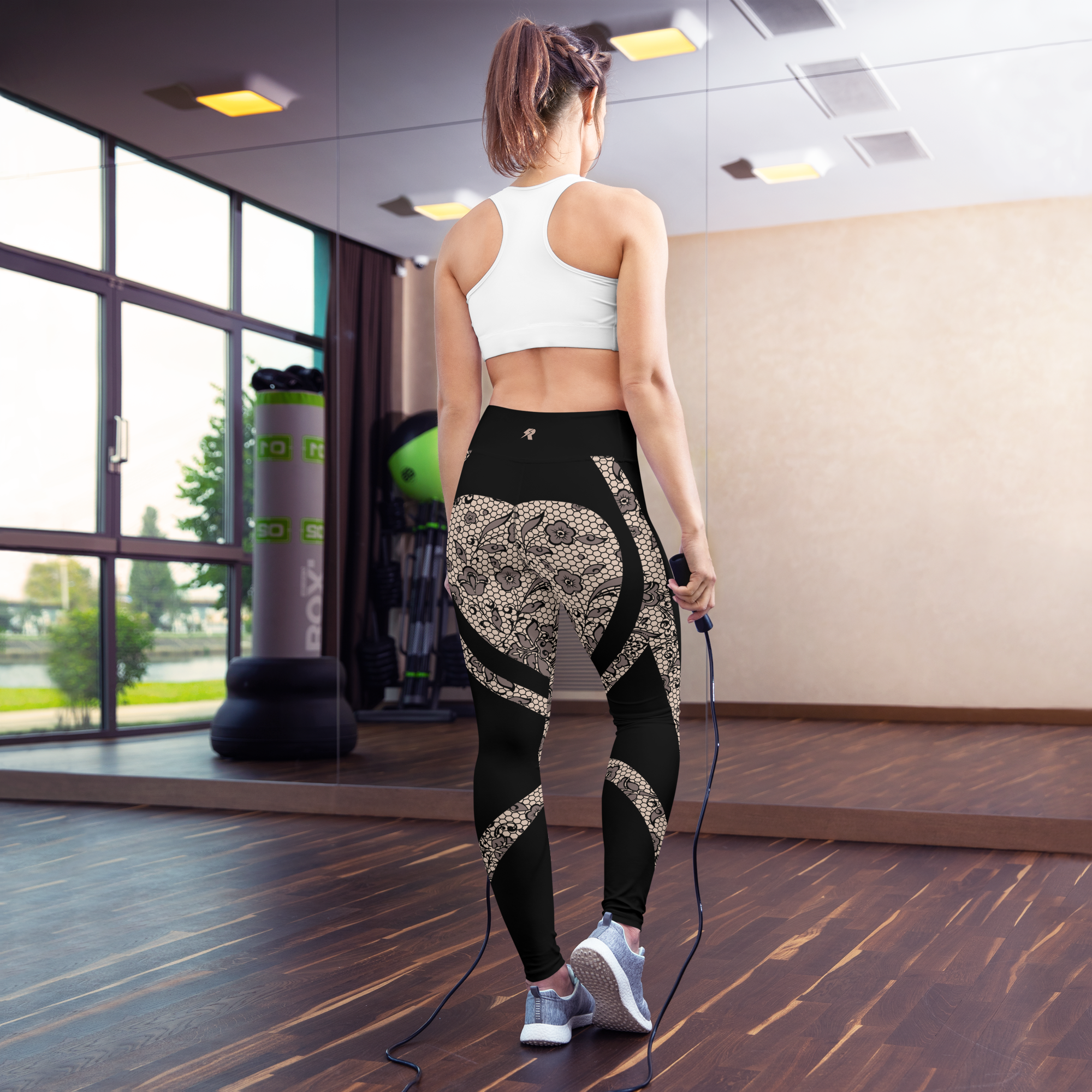 Heart Shaped Floral Mesh Print Yoga Leggings