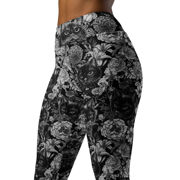 Black Cat Floral Yoga Leggings