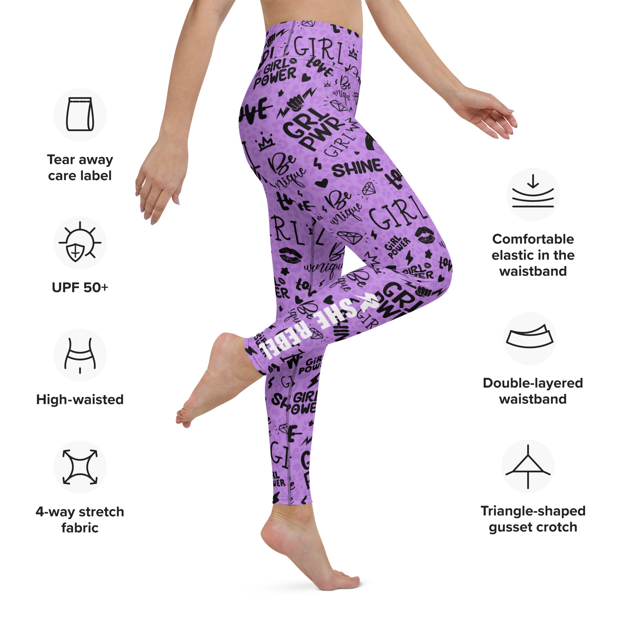 SHE REBEL - Purple Girl Power Yoga Leggings with Subtle Leopard Print