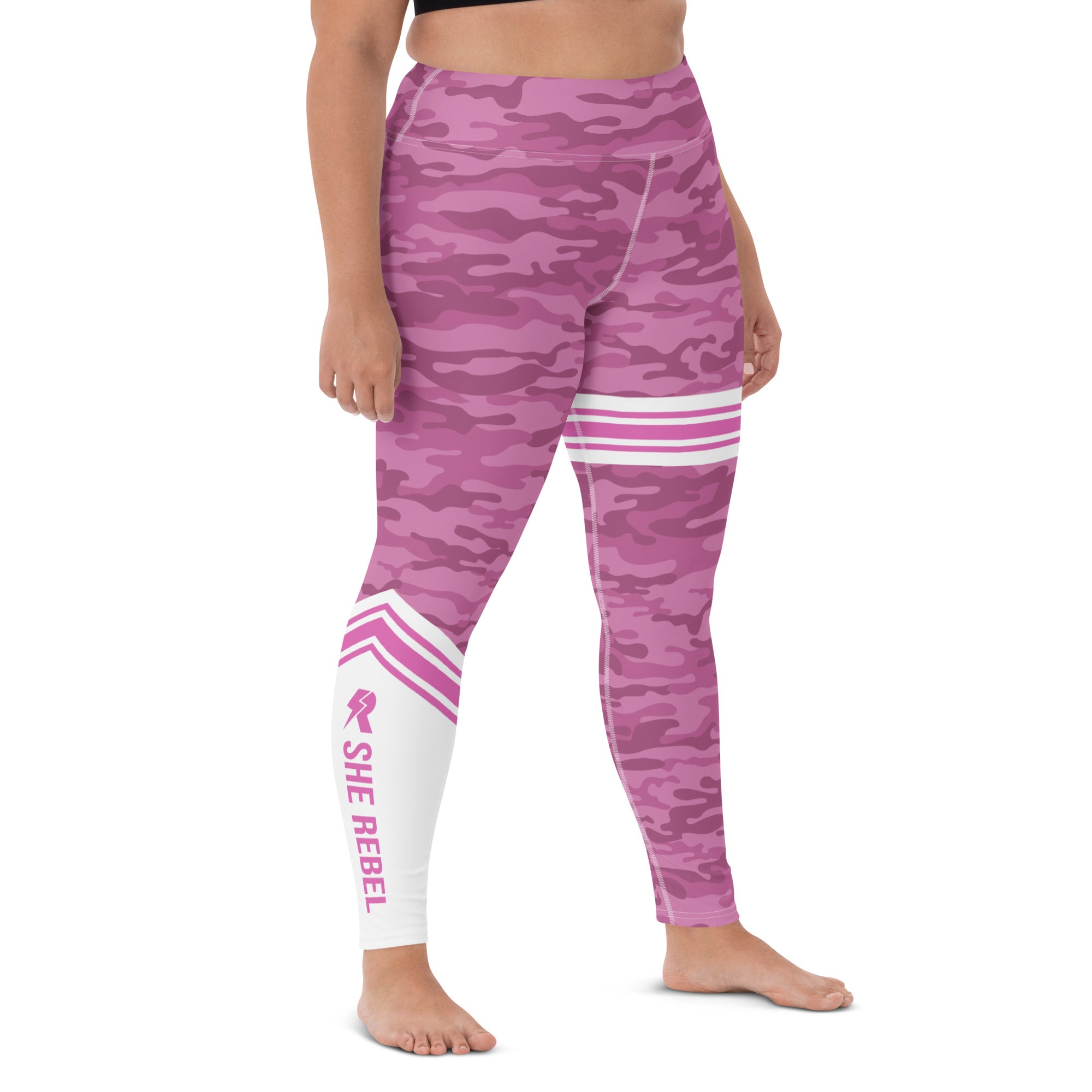 SHE REBEL - Pink Camo with White Stripe Yoga Leggings