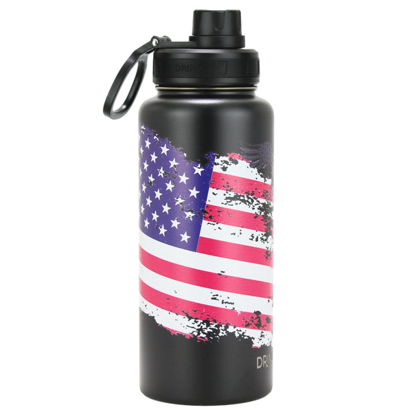 DRINCO® 32oz Stainless Steel Water Bottle-US Flag Color-Black