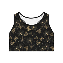 SHE REBEL -Gold Butterflies & Flowers Sports Bra