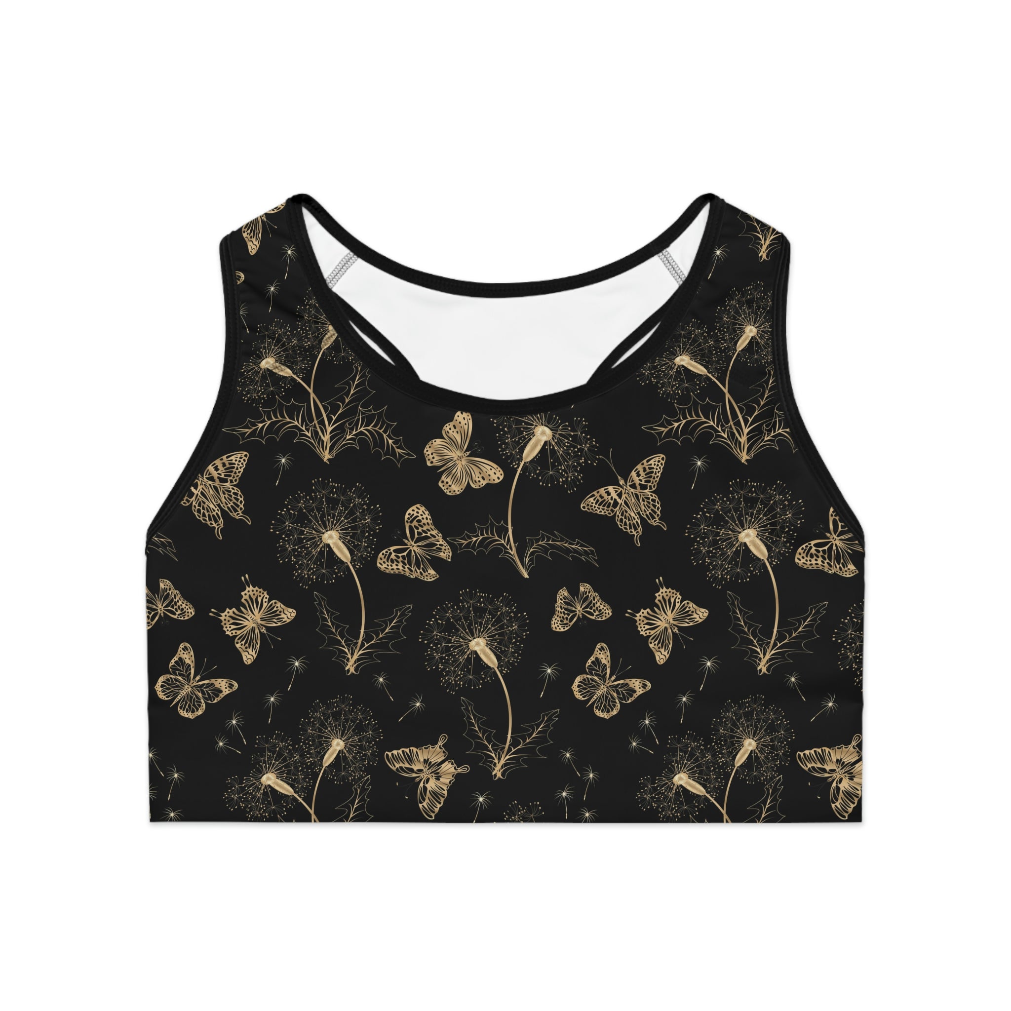 SHE REBEL -Gold Butterflies & Flowers Sports Bra