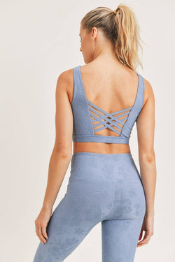 textured cross back blue sports bra