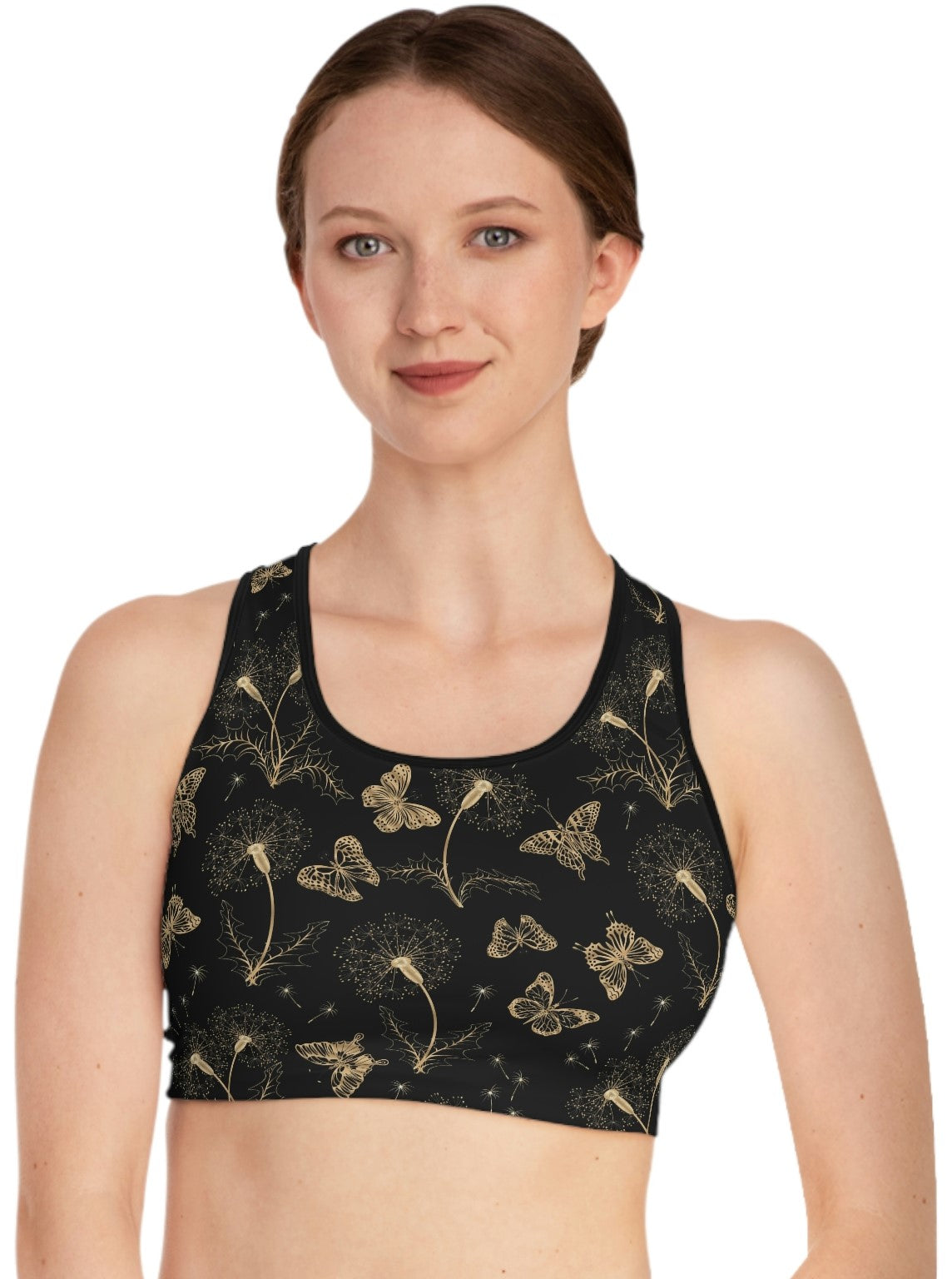 SHE REBEL -Gold Butterflies & Flowers Sports Bra