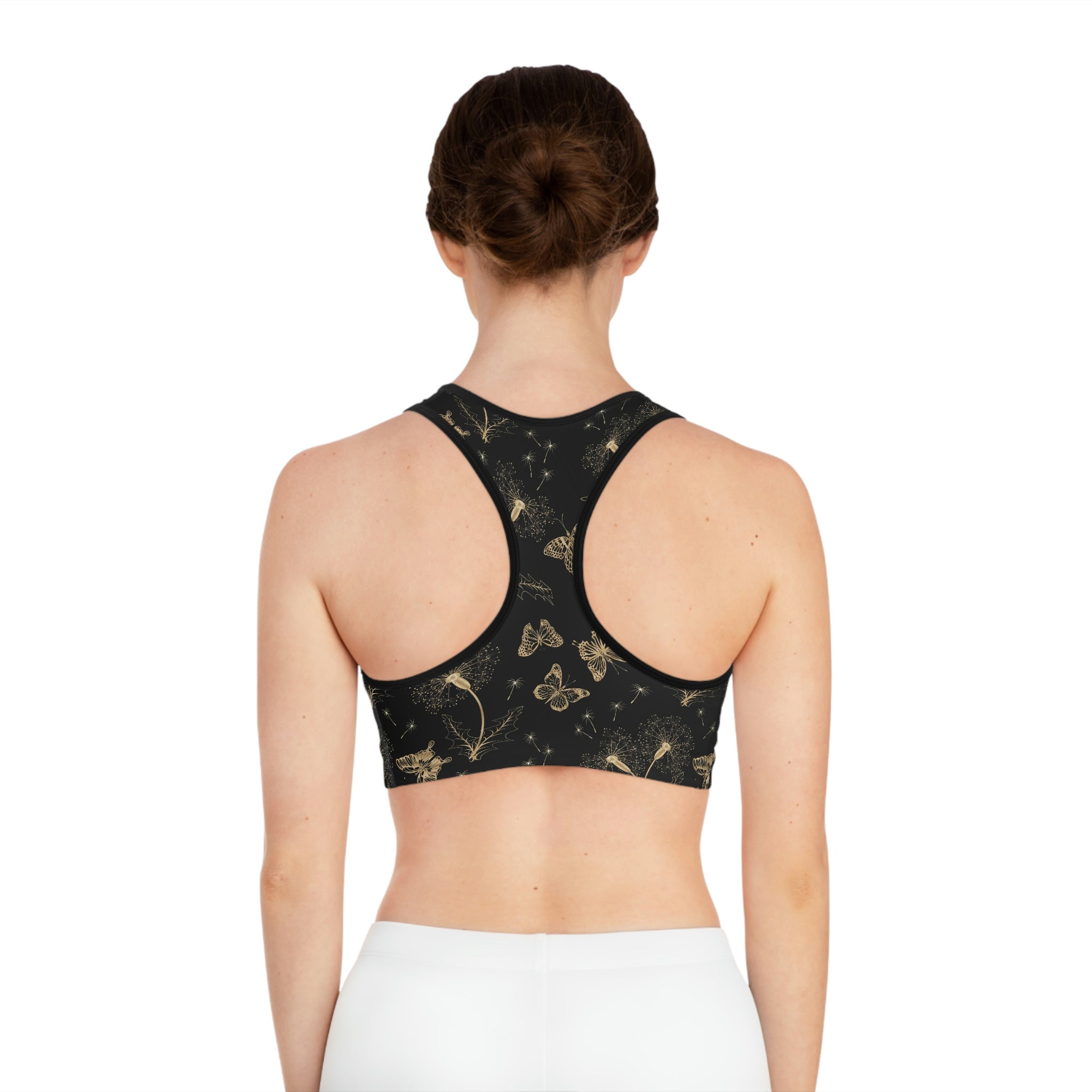 SHE REBEL -Gold Butterflies & Flowers Sports Bra