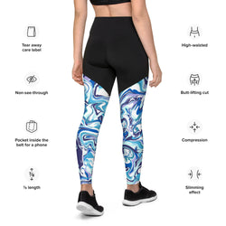 SHE REBEL - Sporty Compression Fit Leggings with Pocket in Blue Marble