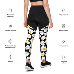 SHE REBEL - Sporty Compression Fit Daisies Leggings with Pocket