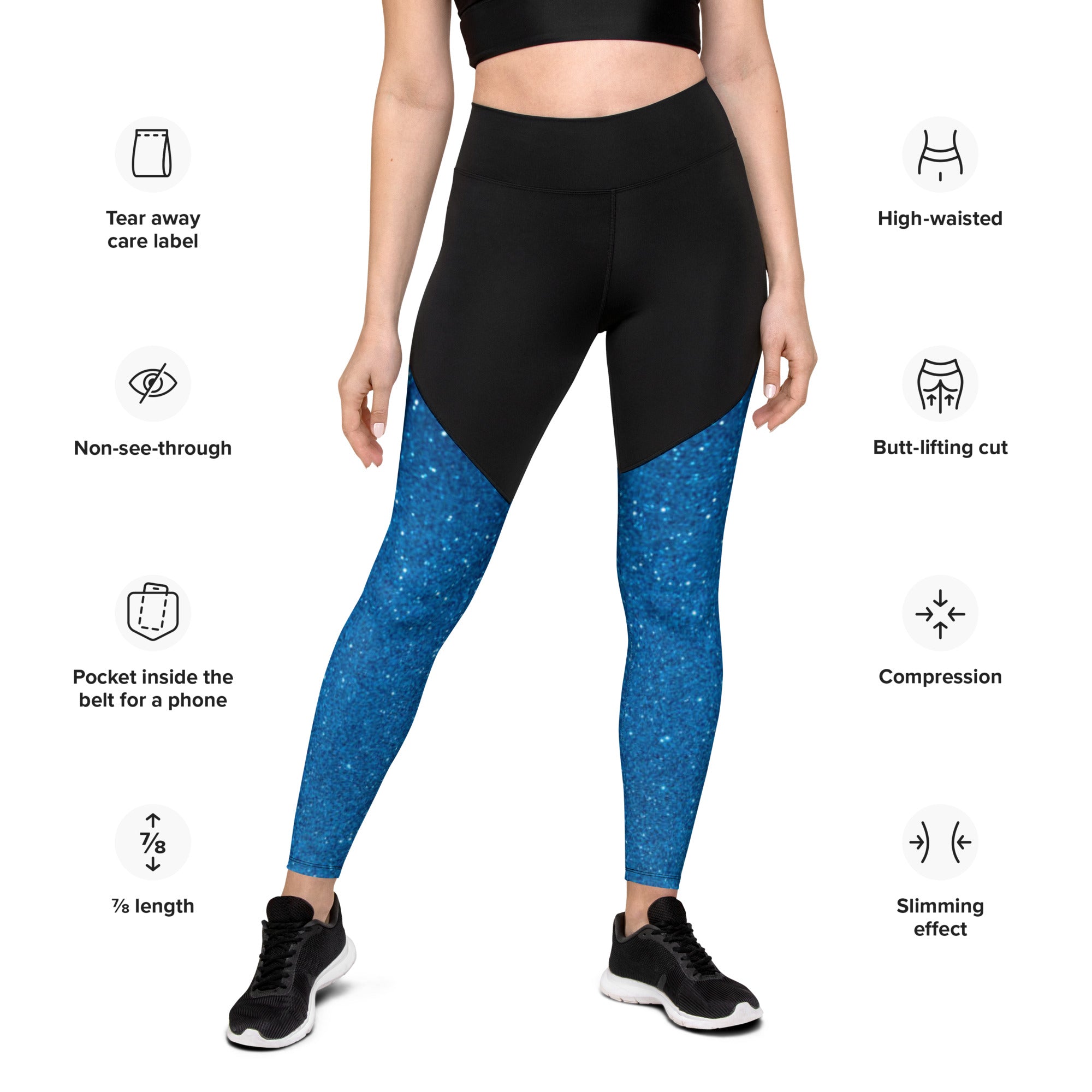 SHE REBEL - Sporty Compression Fit Leggings in Blue Sparkle with Pocket