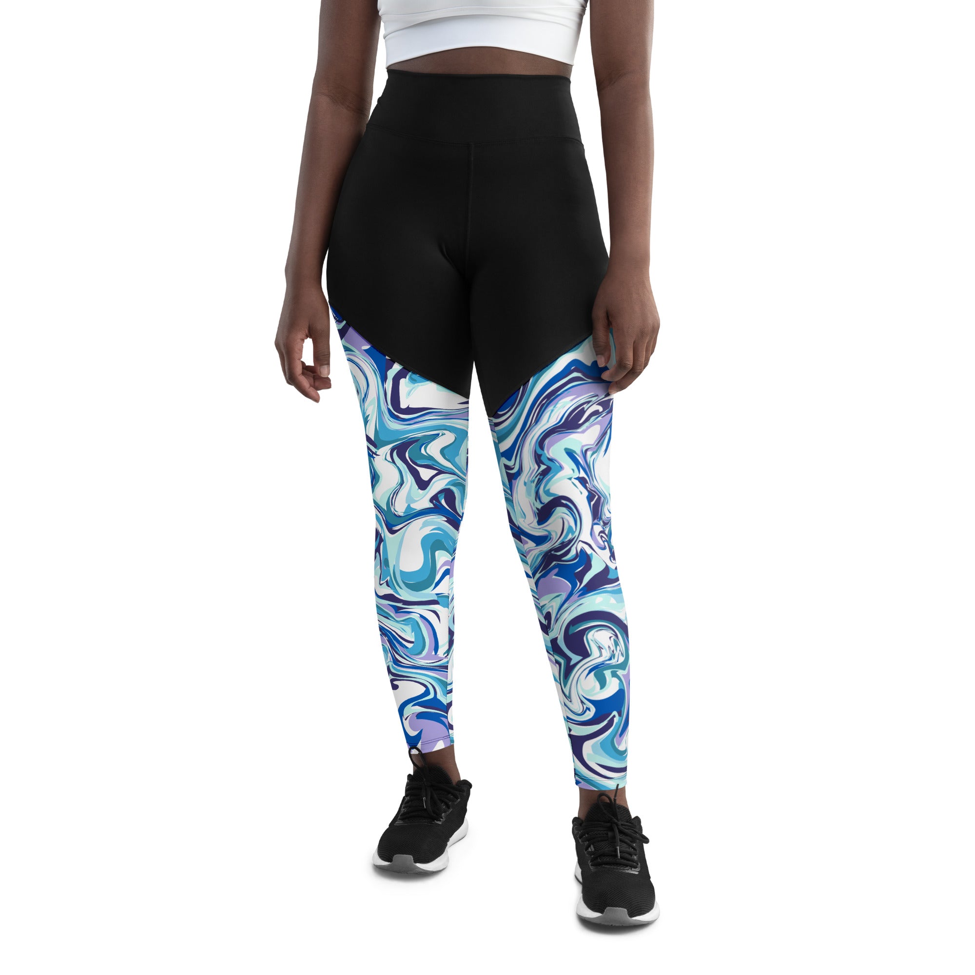 SHE REBEL - Sporty Compression Fit Leggings with Pocket in Blue Marble