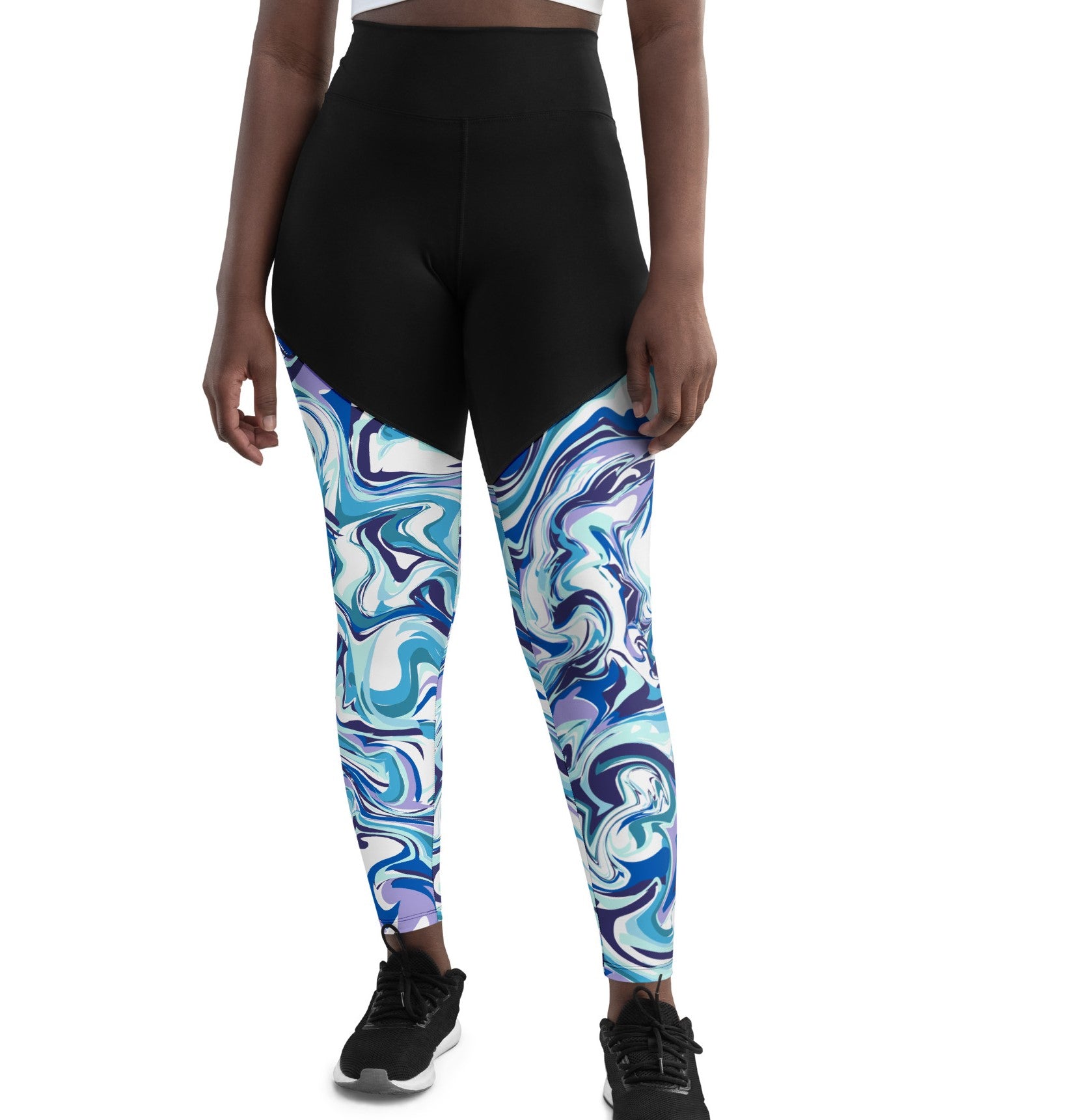 SHE REBEL - Sporty Compression Fit Leggings with Pocket in Blue Marble