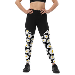 SHE REBEL - Sporty Compression Fit Daisies Leggings with Pocket