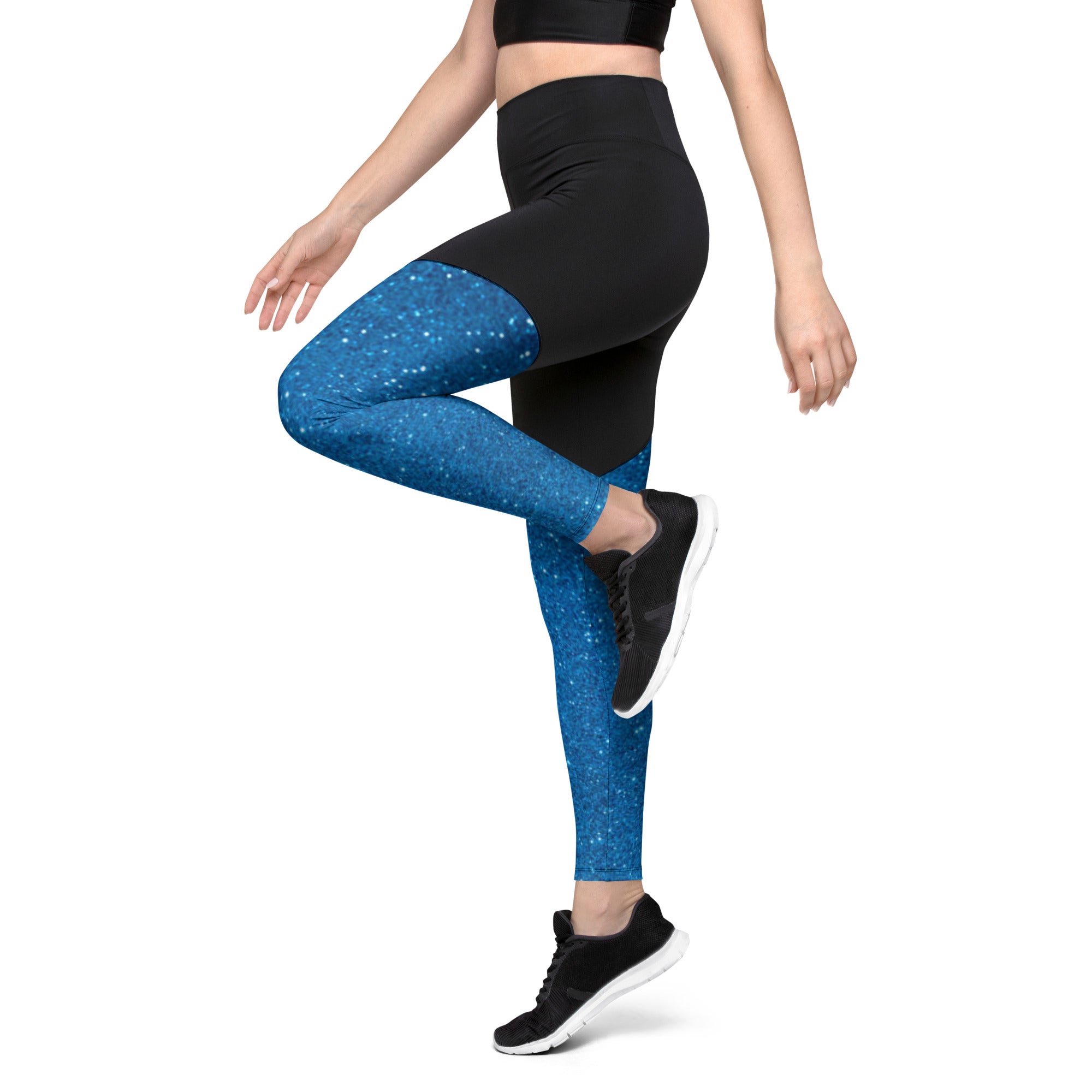 SHE REBEL - Sporty Compression Fit Leggings in Blue Sparkle with Pocket