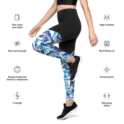 SHE REBEL - Sporty Compression Fit Leggings with Pocket in Blue Marble