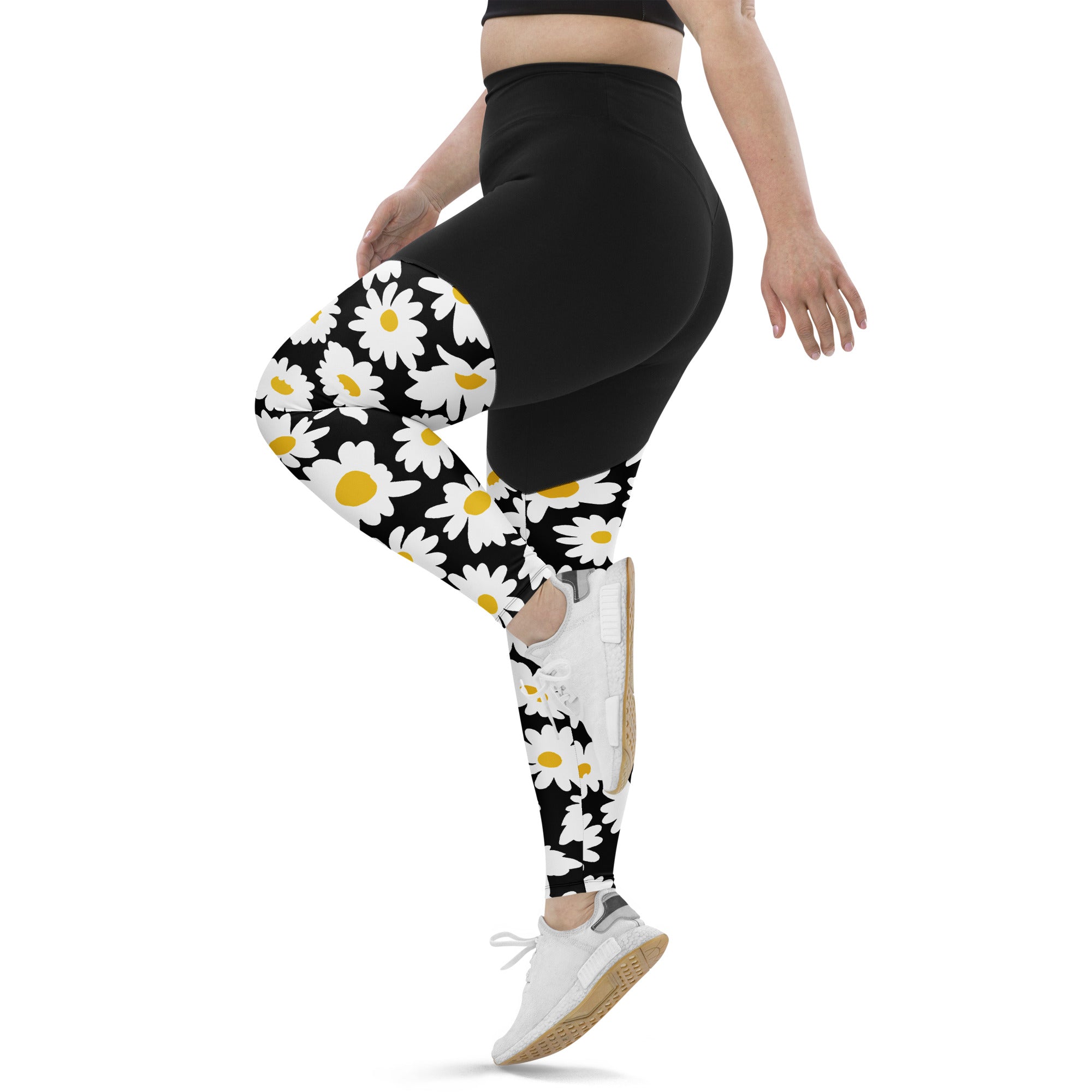 SHE REBEL - Sporty Compression Fit Daisies Leggings with Pocket