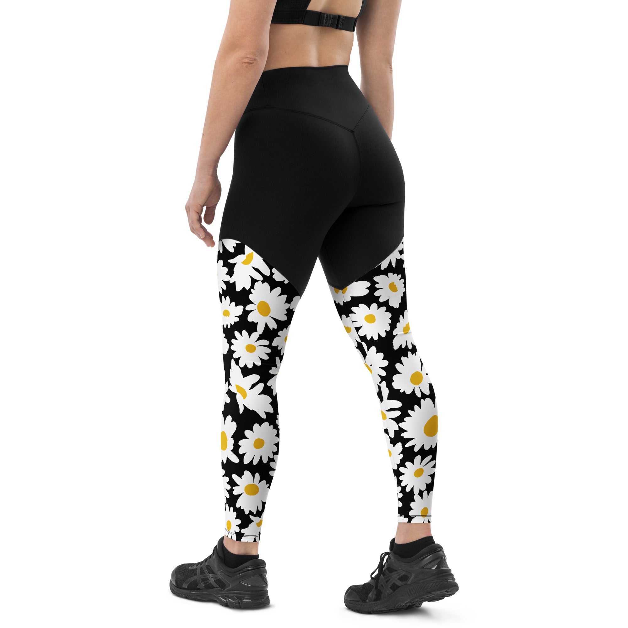 SHE REBEL - Sporty Compression Fit Daisies Leggings with Pocket