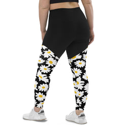 SHE REBEL - Sporty Compression Fit Daisies Leggings with Pocket