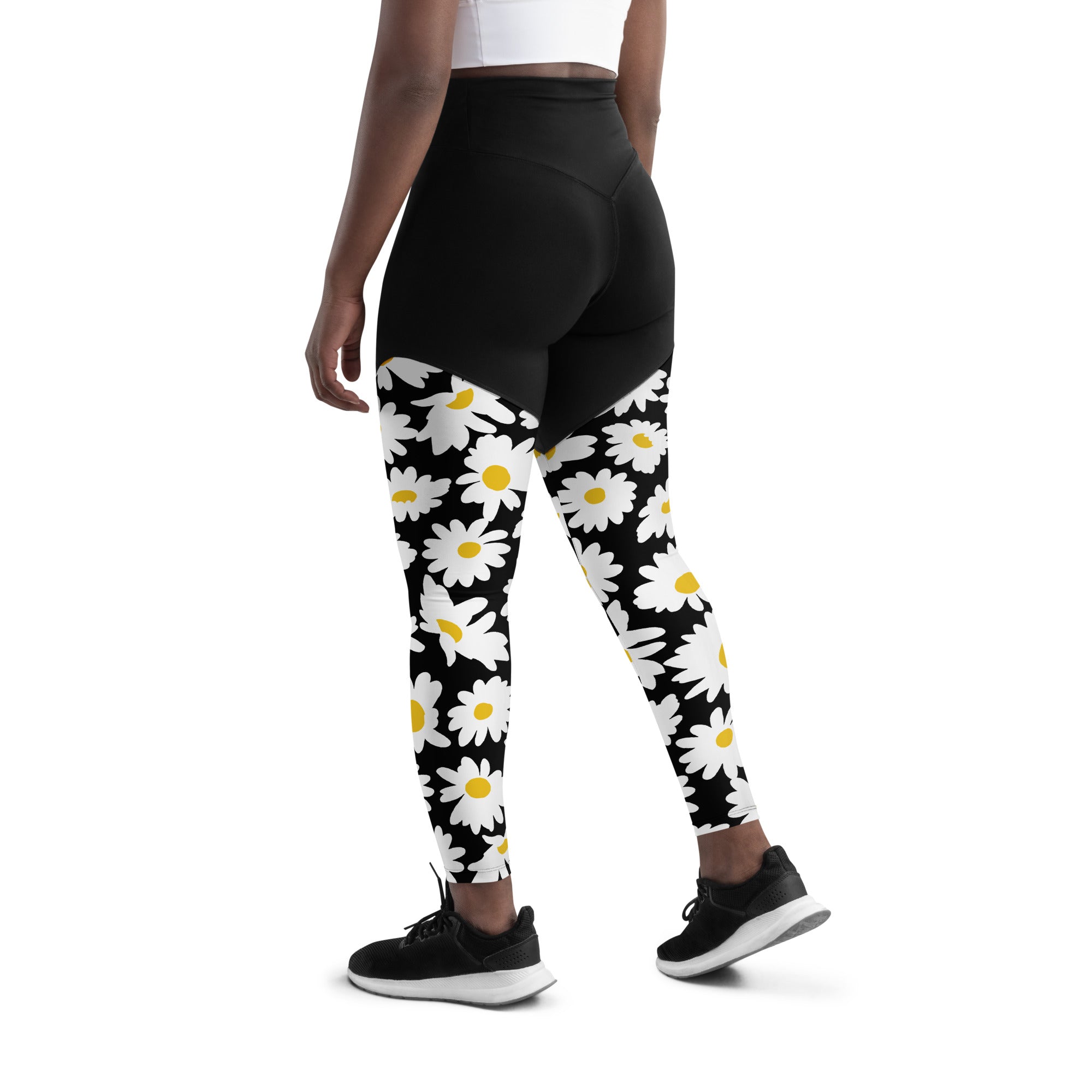 SHE REBEL - Sporty Compression Fit Daisies Leggings with Pocket