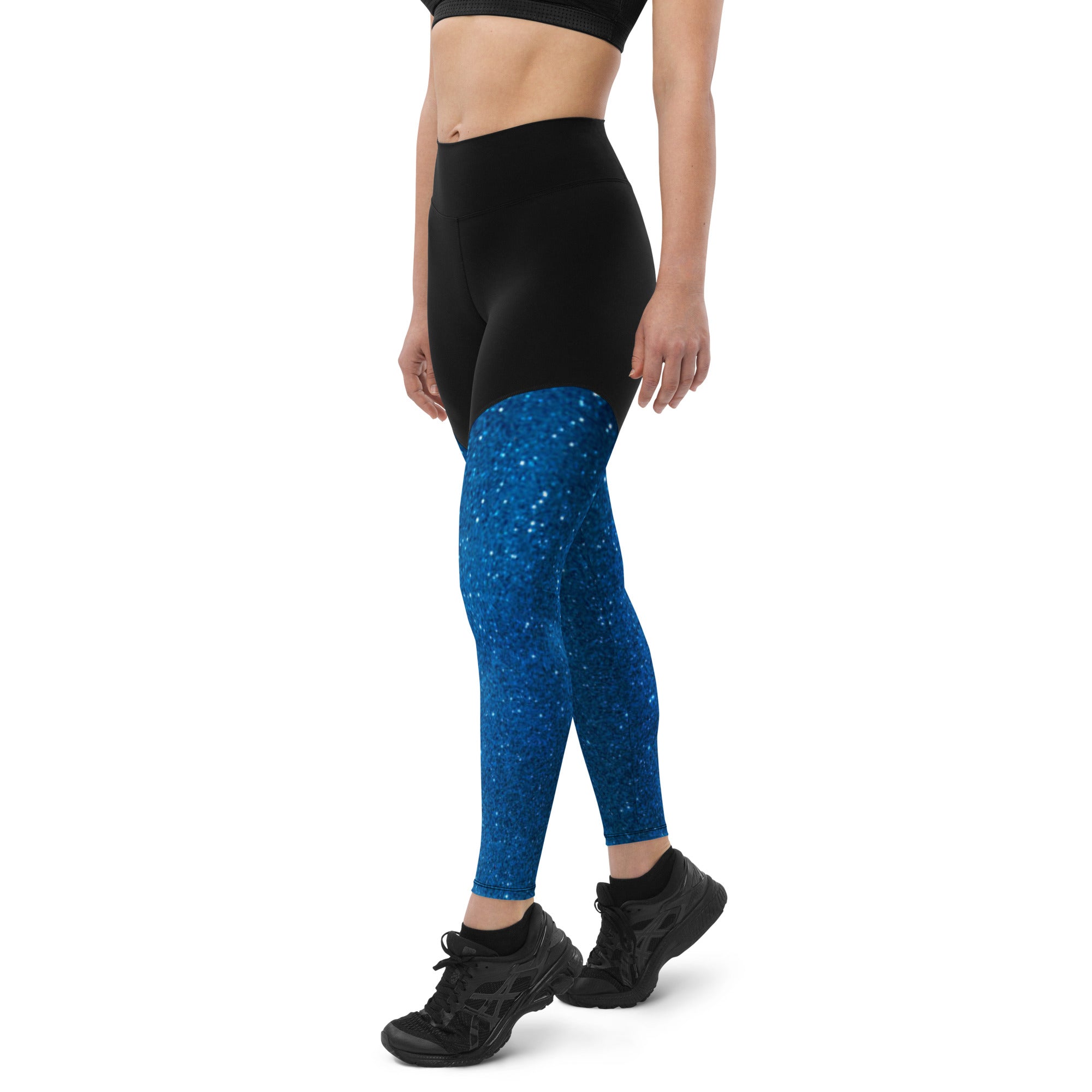 SHE REBEL - Sporty Compression Fit Leggings in Blue Sparkle with Pocket