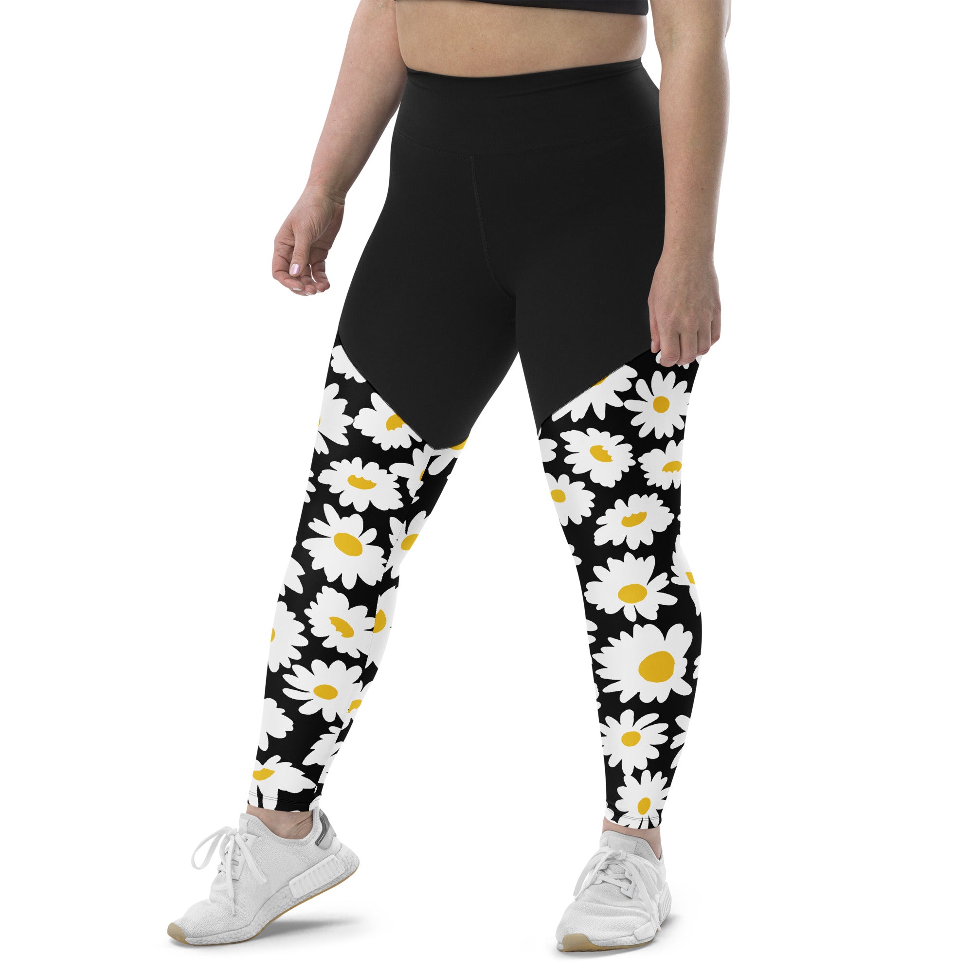 SHE REBEL - Sporty Compression Fit Daisies Leggings with Pocket