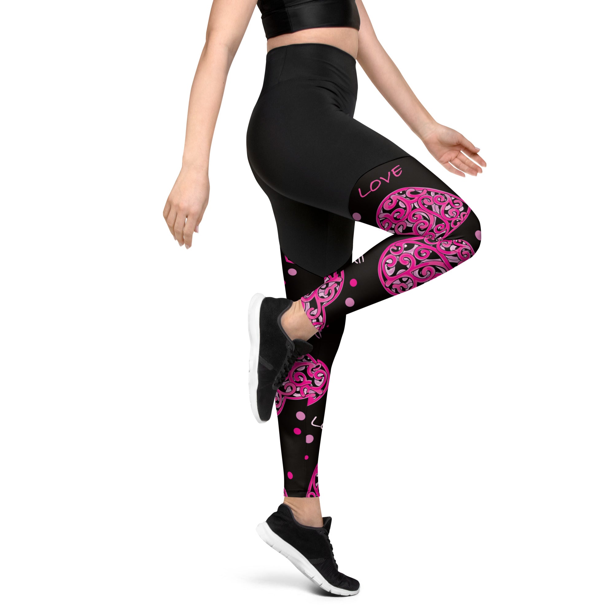 SHE REBEL - Sporty Compression Fit Leggings in Luv Hearts with Pocket