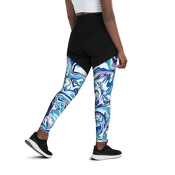 SHE REBEL - Sporty Compression Fit Leggings with Pocket in Blue Marble