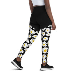 SHE REBEL - Sporty Compression Fit Daisies Leggings with Pocket