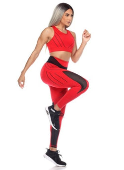 WHITE MARK - Cut Out Mesh Sports Bra & Leggings Set in Raging Red